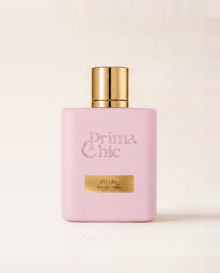 Flacone di Ishaq, profumo arabo Prima Chic, su fondo neutro