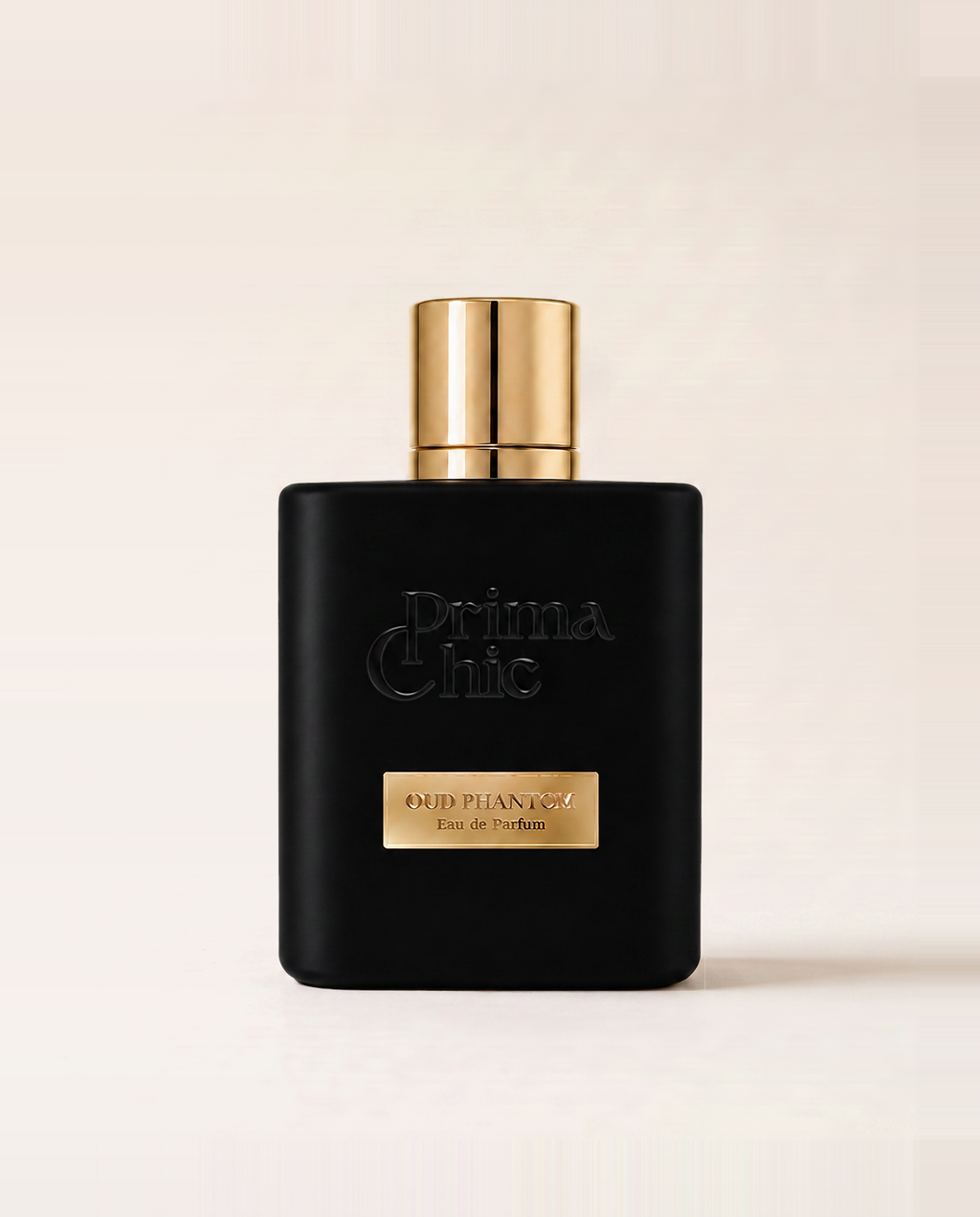 Flacone di Oud Phantom, profumo arabo Prima Chic, su fondo neutro
