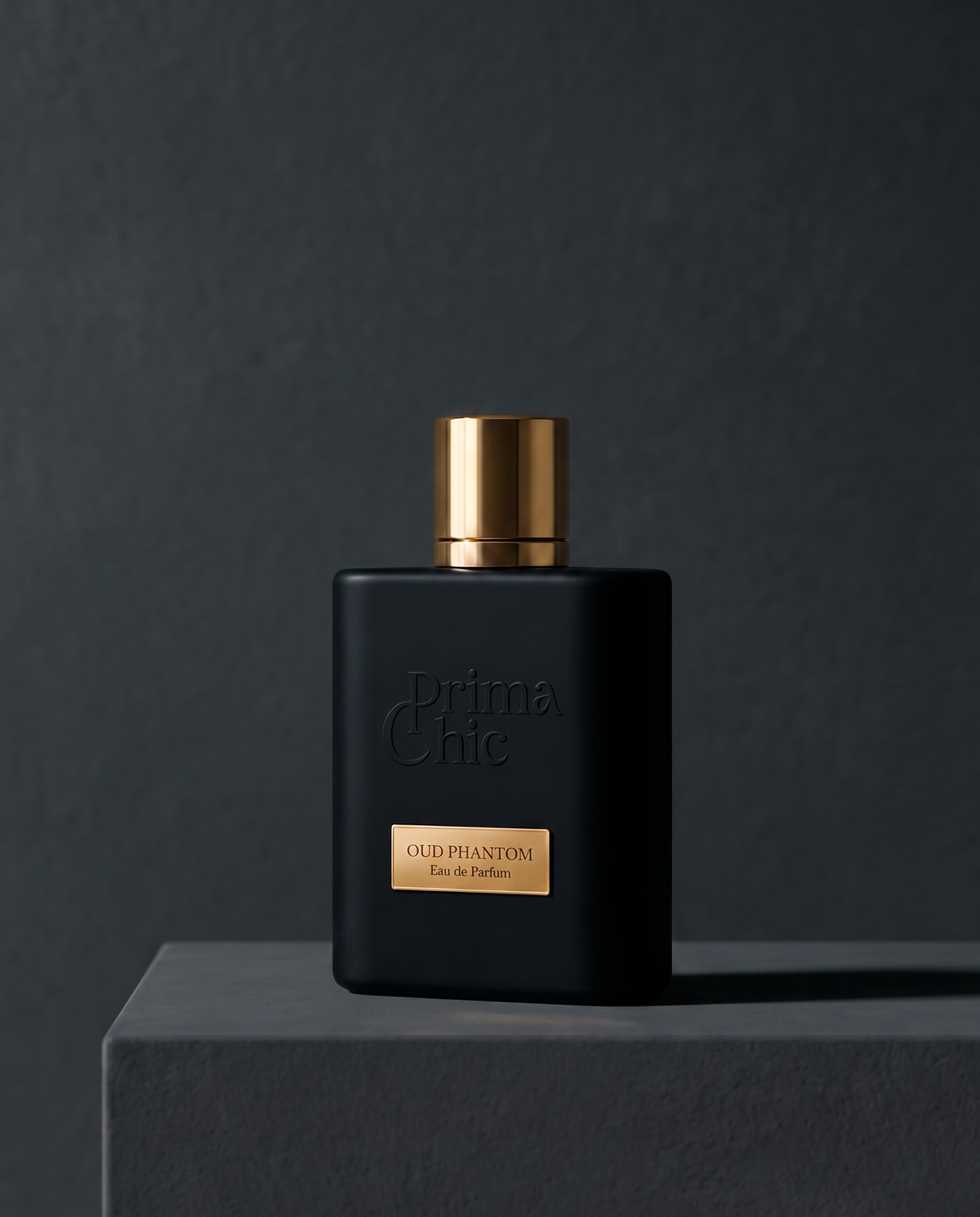 Flacone di Oud Phantom, profumo arabo Prima Chic, in uno scatto editoriale su fondo scuro