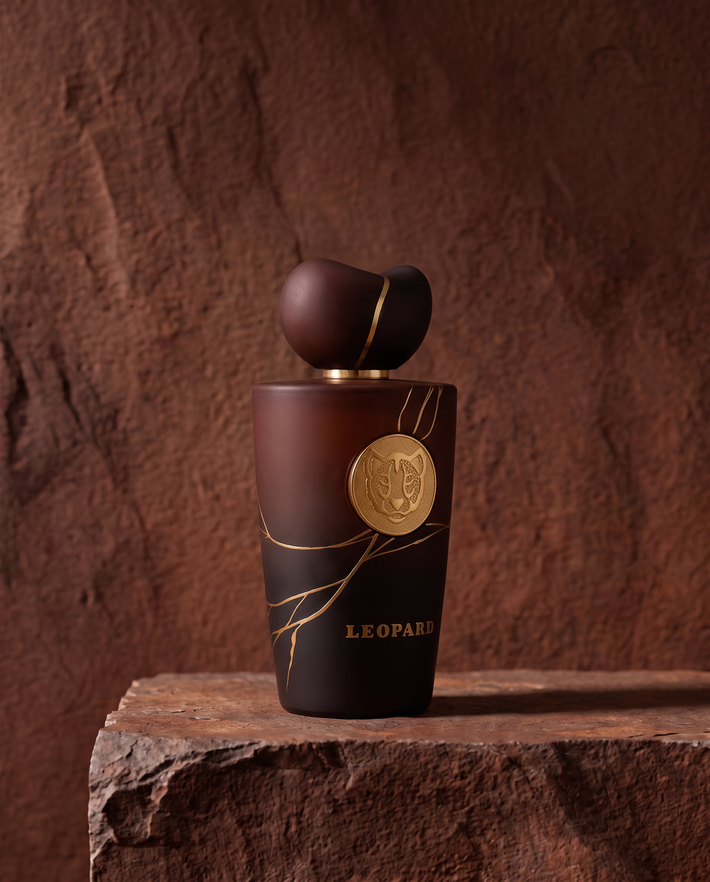 Flacone di Leopard, profumo arabo Prima Chic, in uno scatto editoriale su pietra